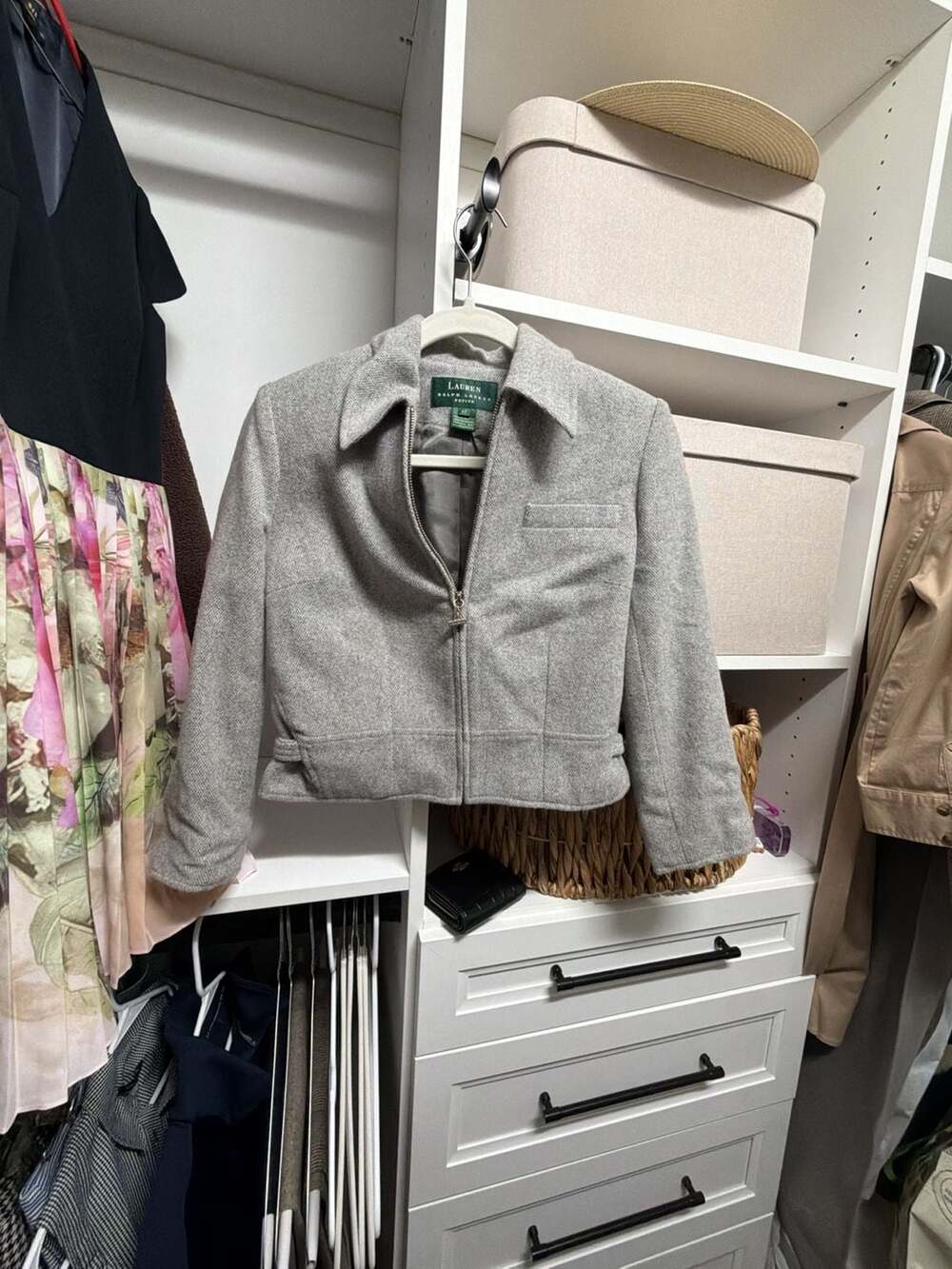 Lauren Ralph Lauren Petite Grey Wool-Angora Blend Full-Zip Collared Jacket